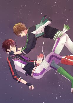 2boys absurdres bandaged_leg bandages belt belt_buckle black_gloves black_shirt boots brown_hair buckle closed_eyes commentary_request ensemble_stars! fingerless_gloves gloves green_eyes highres jacket layered_clothes looking_at_another male_focus morisawa_chiaki multiple_boys open_clothes open_hands open_jacket open_mouth parted_lips shirt short_hair star_(symbol) takamine_midori three-quarter_sleeves yuki_suzume zipper