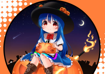 1girl absurdres black_hat blue_hair blush boots bow bowtie brown_boots center_frills closed_mouth collared_shirt commentary_request crescent_moon fire flaming_sword flaming_weapon frilled_skirt frilled_sleeves frills halloween hat highres hinanawi_tenshi jack-o'-lantern jack-o'-lantern_hat_ornament long_hair looking_at_viewer moon night puffy_short_sleeves puffy_sleeves rainbow_order red_bow red_bowtie red_eyes rense_1010_(number_nanashi) shirt short_sleeves skirt sky smile solo star_(sky) sword sword_of_hisou touhou very_long_hair weapon white_shirt