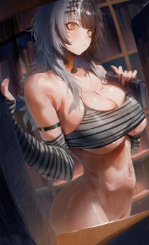 1girl absurdres arm_strap black_choker black_hair black_nails book bookshelf bottomless bra breasts choker collarbone grey_bra grey_hair hair_ornament highres holding holding_book hololive hololive_english large_breasts multicolored_hair navel rororo shiori_novella solo split-color_hair stomach striped_sleeves two-tone_hair underwear virtual_youtuber yellow_eyes