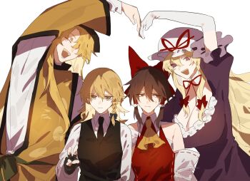 4girls :/ :d ^_^ arm_up ascot bare_shoulders black_gloves black_hat black_necktie black_vest blonde_hair bow braid breasts brown_hair choker cleavage closed_eyes closed_mouth collared_shirt commentary_request detached_sleeves fingerless_gloves frilled_hair_tubes frills fuuga_(perv_rsity) gloves green_skirt hair_bow hair_tubes hakurei_reimu hat hat_ribbon heart_arms heart_arms_duo highres kirisame_marisa large_breasts long_hair long_sleeves looking_at_viewer matara_okina mob_cap multiple_girls necktie open_mouth orange_tabard purple_eyes red_bow red_eyes red_ribbon red_shirt ribbon ribbon_choker shirt side_braid simple_background single_braid skirt sleeveless sleeveless_shirt smile tabard touhou v very_long_hair vest white_background white_shirt yakumo_yukari yellow_ascot