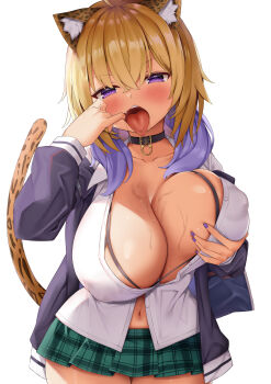 1girl absurdres alternate_hair_color animal_collar animal_ear_fluff animal_ears bad_id bad_pixiv_id black_collar blonde_hair blush bra breast_lift breasts cat_girl collar collarbone covered_erect_nipples cupless_bra dark-skinned_female dark_skin green_skirt gyaru highres hololive huge_breasts kusana_(dudqja602) large_areolae large_breasts leopard_ears leopard_girl leopard_tail looking_at_viewer low_twintails microskirt mouth_pull multicolored_hair navel nekomata_okayu ogyayu_(nekomata_okayu) open_mouth partially_unbuttoned plaid_clothes plaid_skirt pleated_skirt puffy_nipples purple_eyes purple_hair saliva school_uniform shirt simple_background skirt solo tail tan tongue tongue_out twintails two-tone_hair underwear virtual_youtuber white_background white_shirt