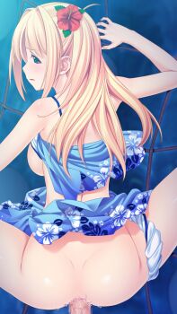 10s 1girl absurdres blonde_hair blue_eyes blush breasts censored flower game_cg hair_flower hair_ornament highres kagurazaka_namine koutaro long_hair mosaic_censoring open_mouth penis protagonist_(tropical_vacation) sex tropical_kiss tropical_vacation twinkle_(company)
