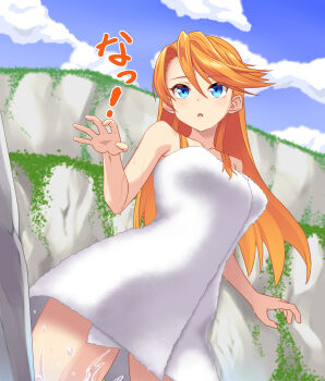 Rule 34 | !, 1girl, blue eyes, blue sky, breasts, cliff, cloud, curtained hair, floating hair, highres, hou (hachiyou), laxia von roswell, long hair, medium breasts, naked towel, orange hair, outdoors, parted bangs, sky, solo, swept bangs, towel, translation request, water, ys, ys viii: lacrimosa of dana
