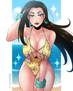 1girl blue_eyes bracelet breasts brown_hair cleavage dangerousbride highres jewelry jojo_no_kimyou_na_bouken large_breasts lisa_lisa long_hair mature_female mature_female one-piece_swimsuit shounen_jump smile solo swimsuit twitter