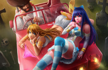 1boy 2girls blonde_hair candy car dark-skinned_male dark_skin food garterbelt_(psg) lollipop long_hair makeup motor_vehicle multiple_girls nopeys on_car panties panty_&amp;_stocking_with_garterbelt panty_(psg) stocking_(psg) striped_clothes striped_thighhighs thighhighs underwear