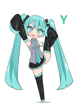 1girl absurdres aqua_eyes aqua_hair aqua_necktie black_boots black_skirt boots commentary_request deformed detached_sleeves full_body grey_shirt hatsune_miku highres long_hair long_sleeves looking_at_viewer miniskirt necktie open_mouth pleated_skirt shirt simple_background skirt sleeveless sleeveless_shirt sleeves_past_fingers sleeves_past_wrists smile solo split standing standing_on_one_leg standing_split tesu@youbon thigh_boots twintails very_long_hair vocaloid white_background