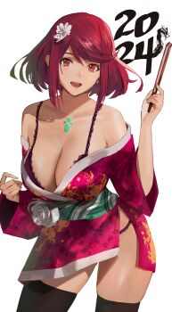 1girl 2024 :d alternate_costume black_thighhighs bob_cut bra breasts cleavage core_crystal_(xenoblade) flower folded_fan folding_fan hair_flower hair_ornament hand_fan highres holding holding_fan j@ck japanese_clothes kimono large_breasts looking_at_viewer new_year obi off_shoulder open_mouth panties panty_peek purple_bra purple_panties pyra_(xenoblade) red_eyes red_hair red_kimono sash short_hair short_kimono simple_background smile solo swept_bangs thighhighs underwear white_background white_flower xenoblade_chronicles_(series) xenoblade_chronicles_2