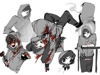 2boys against_railing bag bags_under_eyes black_eyes black_gloves black_hair blade_to_throat blood blood_in_hair blood_on_clothes blood_on_face blood_on_ground blood_on_hands blood_on_mouth bloody_weapon c1grhin cigarette colored_sclera crazy_eyes cry_of_fear dual_persona exhausted fingerless_gloves gloves grey_hoodie grin hammer hand_on_own_hip head_tilt highres holding holding_cigarette holding_hammer holding_hands holding_knife hood hood_up hoodie implied_murder knife male_focus multiple_boys multiple_views open_mouth outstretched_hand partially_colored railing red_sclera resisting shoulder_bag simon_henriksson simon_henriksson_(book) sitting sitting_on_person smile smoking spot_color weapon wrist_cuffs