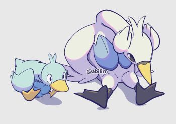 Rule 34 | animal focus, bird, black eyes, commentary request, ducklett, gen 5 pokemon, grey eyes, highres, nintendo, no humans, pokemer, pokemon, pokemon (creature), pokemon focus, shadow, sitting, swanna, twitter username, white background