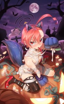 1boy 1girl absurdres alternate_costume animal_ear_fluff animal_ears bandaged_chest bandaged_leg bandages blue_archive breasts candle doodle_sensei_(blue_archive) full_moon ghost graveyard halloween halloween_costume highres jack-o&#039;-lantern looking_at_viewer moon mummy_costume naked_bandage neru_(blue_archive) night night_sky open_mouth orange_hair outdoors paw_pose sensei_(blue_archive) sitting sky small_breasts tail tombstone walking_nakta wolf_ears wolf_girl wolf_tail