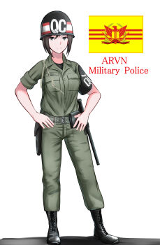 1girl absurdres army army_of_the_republic_of_vietnam baton_(weapon) black_eyes black_hair boots closed_mouth full_body hands_on_own_hips helmet highres military military_police military_uniform nguyen_tam_lee original short_hair simple_background solo standing weapon white_background