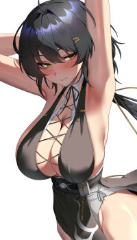 1girl alternate_breast_size_(larger) armpits arms_behind_head arms_up black_dress black_hair blush breasts cleavage closed_mouth commentary cross-laced_clothes cross-laced_dress dress english_commentary female_rover_(wuthering_waves) groin hair_between_eyes hair_intakes hair_ornament hairclip highres huge_breasts lessone long_hair looking_at_viewer low_ponytail paid_reward_available parallel_hairclips pelvic_curtain ponytail rover_(wuthering_waves) simple_background sleeveless sleeveless_dress solo thighs white_background wuthering_waves yellow_eyes