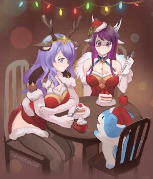 2girls animal_ear_fluff animal_ears antlers bare_shoulders black_thighhighs breasts cake camilla_(fire_emblem) camilla_(flurry_embrace)_(fire_emblem) chair christmas cleavage commentary confused creature cup deer_ears dessert elbow_gloves english_commentary fake_animal_ears fake_antlers fire_emblem fire_emblem_engage fire_emblem_fates fire_emblem_heroes food fork gloves hair_over_one_eye hat highres holding holding_fork horns ivy_(fire_emblem) ivy_(flurry_embrace)_(fire_emblem) kaphrin large_breasts lens_flare long_hair mug multiple_girls nintendo official_alternate_costume on_chair pantyhose pink_eyes pink_hair purple_eyes purple_hair red_hat reindeer_antlers santa_hat see-through_clothes see-through_veil sitting sommie_(fire_emblem) strawberry_shortcake thighhighs thighs veil wavy_hair white_gloves wide-eyed