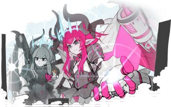 1boy 3girls absurdres android armor asymmetrical_horns black_boots black_gloves black_hair black_pants blue_crown blue_eyes boots breastplate carrying carrying_person cityscape crown curled_horns discat dragon_girl dragon_horns dragon_tail dragon_wings dress elizabeth_bathory_(fate) facial_mark fate/grand_order fate_(series) fujimaru_ritsuka_(female) fujimaru_ritsuka_(female)_(decisive_battle_chaldea_uniform) fujimaru_ritsuka_(male) fujimaru_ritsuka_(male)_(decisive_battle_chaldea_uniform) gloves grand_servant_(fate/grand_order) grey_hair highres horns jacket jet_engine knee_boots light_smile long_hair long_sleeves mecha mecha_eli-chan_(fate) mecha_eli-chan_mk.ii_(fate) mechanical_hair mechanical_tail multiple_girls orange_hair pants pauldrons person_on_hand person_on_shoulder pink_hair pink_wings pointed_crown pointy_ears powering_up robot roman_numeral short_hair shoulder_armor sitting size_difference smoke standing tail uneven_horns upper_body white_background white_dress white_jacket wings
