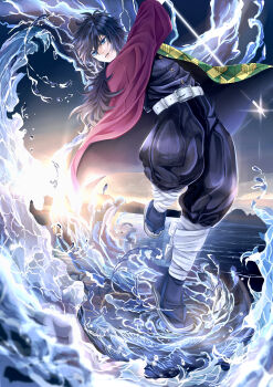 Rule 34 | 1boy, absurdres, arms up, ayane-rururemo-hz, belt, belt buckle, black hair, black jacket, black pants, black socks, blue eyes, buckle, buttons, demon slayer uniform, gold buttons, haori, highres, jacket, japanese clothes, kikkoumon, kimetsu no yaiba, long hair, low ponytail, male focus, ocean, pants, parted lips, ponytail, print haori, red haori, sandals, socks, solo, spiked hair, tomioka giyuu, water, waves, white belt