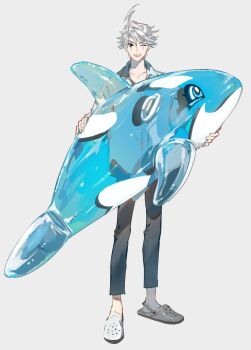 1boy ;d ahoge alternate_costume animal_balloon balloon black_eyes collared_shirt facial_mark fate/grand_order fate_(series) full_body grey_background grey_hair highres holding holding_balloon james_moriarty_(archer)_(fate) james_moriarty_(ruler)_(fate) looking_at_viewer m-tobiei male_focus one_eye_closed open_mouth pants shirt short_hair simple_background smile solo teeth upper_teeth_only aged_down
