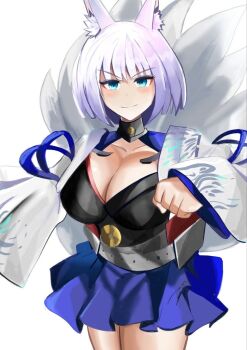 1girl animal_ears azur_lane blue_eyes blue_skirt breasts cleavage commentary_request cowboy_shot eyeliner fox_ears fox_girl fox_tail japanese_clothes kaga_(azur_lane) kimono kuriyafu large_breasts makeup miniskirt multiple_tails red_eyeliner skirt solo tail white_kimono white_tail