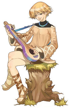 1boy analogous_colors artist_request asgard bard bard_(asgard) black_shirt blonde_hair brown_sandals brown_shoes brown_shorts brown_sleeves cross-laced_clothes cross-laced_legwear crossed_legs fingernails full_body gladiator_sandals green_eyes impasto instrument jewelry knee_blush lips long_sleeves looking_at_viewer lute_(instrument) male_focus music narrowed_eyes necklace nexon off-shoulder_shirt off_shoulder official_art on_tree_stump parted_lips playing_instrument sandals second-party_source shirt shoes short_hair shorts sleeveless sleeveless_shirt solo tree_stump turtleneck turtleneck_shirt undershirt very_short_hair warm_colored white_background wide_sleeves