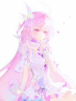 1girl aqua_hair bare_shoulders breasts commentary_request cyrene_(honkai:_star_rail) cyrene_(ripples_of_past_reverie)_(honkai:_star_rail) diamond-shaped_pupils diamond_(shape) dress flower gradient_hair hair_flower hair_ornament highres holding holding_flower honkai:_star_rail honkai_(series) large_breasts long_hair multicolored_hair pink_hair purple_eyes simple_background smile solo symbol-shaped_pupils tansanlemon100 very_long_hair white_background white_dress white_hair