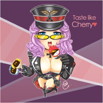 Rule 34 | 1girl, black boots, black coat, black gloves, blue eyes, boots, breasts, candy, coat, cross, cross necklace, curly hair, eyeliner, food, from above, gloves, hat, hikounin sentai akibaranger, holding, holding candy, holding food, jewelry, knee boots, lab coat, large breasts, long hair, long sleeves, makeup, marushina, nail polish, necklace, open mouth, peaked cap, purple eyeliner, purple hair, saliva, solo, sunglasses, thighs, tinted eyewear, underwear, yellow-tinted eyewear, yestherdey