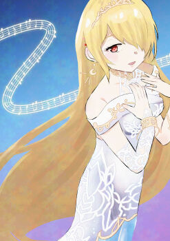 1girl absurdres commentary_request crescent crescent_earrings dress earrings hair_ornament hair_over_one_eye hairpin heaven_burns_red highres jewelry kayamori_ruka long_hair midorinokomame_(pixiv_72004679) musical_note red_eyes tiara white_dress