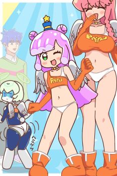 Rule 34 | 1boy, 3girls, angel wings, blue hat, blunt bangs, breasts, double bun, elbow gloves, flat chest, gloves, gradient hair, green eyes, hair bun, hat, highres, kawaii kotarou, kirara mami, large breasts, long hair, mf ghost, mfg angels uniform, mini hat, mini top hat, mocchisake, monster girl, multicolored hair, multiple girls, navel, one eye closed, puniru (puniru wa kawaii slime), puniru wa kawaii slime, purple hair, runruun (puniru wa kawaii slime), season connection, slime (substance), slime girl, thong, top hat, wings