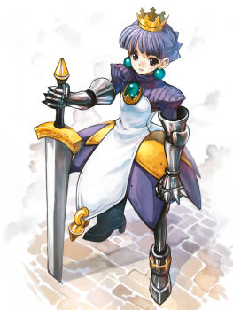 1girl armor armored_dress atlus bad_id bad_pixiv_id blue_eyes blue_hair crown dress earrings full_body gauntlets gold_crown gradriel gradriel_de_valendia highres hirokiku jewelry princess_crown short_hair sword weapon