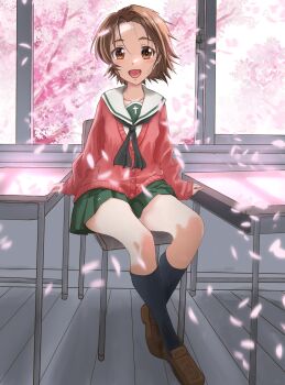 1girl absurdres blush brown_eyes brown_hair cherry_blossoms classroom collarbone commentary_request girls_und_panzer highres indoors kainushi looking_at_viewer ooarai_school_uniform open_mouth sawa_azusa school_uniform short_hair smile solo