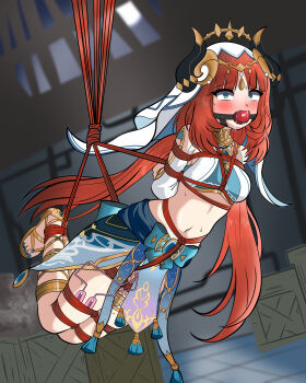 1girl absurdres arabian_clothes arms_behind_back ball_gag bare_shoulders bdsm blue_gem blush bondage bound bound_ankles bound_arms bound_legs bound_thighs bound_torso breast_bondage breasts brooch circlet commentary constricted_pupils crotch_rope dancer detached_sleeves egg_vibrator english_commentary fake_horns female_focus forced_orgasm full_body gag gagged gem genshin_impact gladiator_sandals gold_sandals gold_trim harem_outfit highres hogtie horns jewelry long_hair long_sleeves looking_at_viewer low_twintails midriff nail_polish neck_ring nervous_sweating nilou_(genshin_impact) pelvic_curtain puffy_long_sleeves puffy_sleeves pussy_juice red_hair red_rope restrained rope sandals scared sex_toy shibari shibari_over_clothes small_breasts solo suspension sweat thighlet toenail_polish toenails truepuffo twintails variant_set veil vibrator vibrator_cord vibrator_under_clothes warehouse white_sleeves white_veil wide-eyed