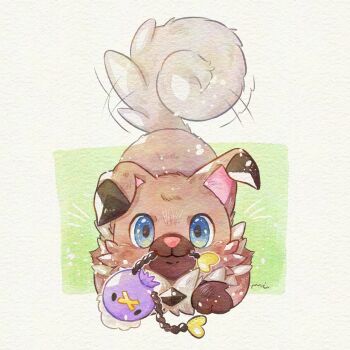 :3 animal_focus baby_animal blue_eyes border brown_fur character_doll closed_mouth commentary_request dog doll drifloon full_body gen_4_pokemon gen_7_pokemon green_background highres looking_at_viewer lying miketoevecan nintendo no_humans pokemon pokemon_(creature) pokemon_focus puppy rockruff simple_background solo white_border white_fur