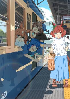 absurdres animal_ears blue_hat bow ear_bow ear_covers ear_ornament ear_ribbon green_bow hat highres horse_ears horse_girl horse_tail ikuno_dictus_(umamusume) matikanetannhauser_(umamusume) medium_hair multicolored_hair nice_nature_(umamusume) streaked_hair tail tokiame_zuke train twin_turbo_(umamusume) twintails umamusume