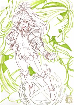 1girl acecore2k alternate_costume alternate_hair_length alternate_hairstyle anklet artist_logo asymmetrical_bangs boots bracelet breasts clenched_hand eyes_visible_through_hair full_body graphite_(medium) gypsy hand_on_own_hip highres jacket jewelry lipstick logo makeup marvel monochrome open_clothes open_jacket ponytail rogue_(x-men) simple_background solo solo_focus superhero_costume toned traditional_media x-men