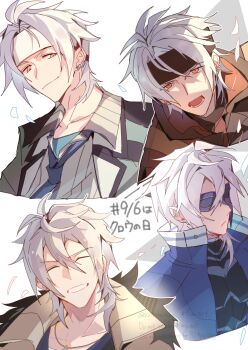 Rule 34 | 1boy, azitsukeniku, azure siegfried (sen no kiseki), black headband, closed eyes, closed mouth, coat, crow armbrust, curtained hair, dated, double-parted bangs, ear piercing, eiyuu densetsu, eye mask, fur trim, grin, hair between eyes, headband, high collar, highres, looking at viewer, male focus, mask, mullet, open mouth, parted bangs, piercing, sen no kiseki, sen no kiseki (series), sen no kiseki i, sen no kiseki ii, sen no kiseki iii, sen no kiseki iv, short hair, simple background, smile, solo, white background, white hair, white headband, yellow eyes