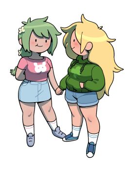 2girls :t adventure_time adventure_time:_fionna_and_cake arm_behind_back blonde_hair blush braid breasts denim denim_shorts denim_skirt discount-supervillain fennel_(fionna_and_cake) fionna_campbell flower green_hair hair_flower hair_ornament hand_in_pocket highres holding_hands hood hoodie long_hair multiple_girls plump selfcest shirt shoes shorts single_braid skirt smile sneakers socks standing t-shirt thighs toon_(style) transparent_background yuri