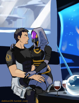 alien aquarium blush commander_shepard commander_shepard_(male) couple cup dakkun39 drinking_glass hand_on_another&#039;s_thigh mass_effect_(series) mass_effect_2 quarian sitting sitting_on_lap sitting_on_person tali&#039;zorah tumblr tumblr_username wine_glass