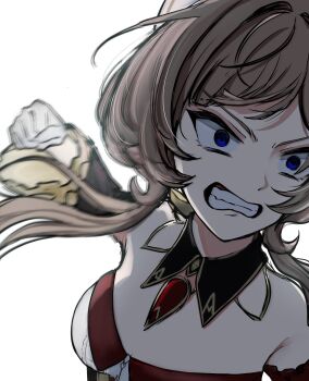 1girl bare_shoulders blue_eyes brooch clenched_teeth commentary_request detached_collar detached_sleeves genshin_impact gloves grey_hair heiwaninetaina highres incoming_attack incoming_punch jewelry long_hair punching sandrone_(genshin_impact) solo strapless teeth upper_body white_gloves