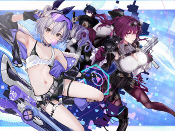 Rule 34 | 1boy, 2girls, bandaged chest, bandaged hand, bandaged tail, bandages, belt, black gloves, black hair, black jacket, blade (honkai: star rail), blowing bubble gum, boots, breasts, chest harness, chewing gum, chinese clothes, cleavage, closed mouth, commentary request, crossed bangs, drill hair, drill ponytail, earrings, eyewear on head, fishnet socks, fishnets, flower, fur-trimmed jacket, fur trim, glasses, gloves, goggles, goggles on head, gradient-tinted eyewear, grey eyes, grey hair, grey pants, hair between eyes, hair over one eye, harness, high-waist shorts, highres, holding, holding sword, holding weapon, honkai: star rail, honkai (series), jacket, jewelry, kafka (honkai: star rail), large breasts, long hair, long sleeves, looking at viewer, multiple girls, navel, pants, pantyhose, pantyhose under shorts, pince-nez, ponytail, purple-tinted eyewear, purple eyes, purple gloves, purple hair, purple pantyhose, red eyes, revision, round eyewear, saint laurent paris, shirt, shorts, silver wolf (honkai: star rail), single drill, single thigh boot, smile, socks, spider lily, spider web print, stellaron hunters (honkai: star rail), sunglasses, sword, thigh boots, thigh strap, tinted eyewear, weapon, white belt, white shirt