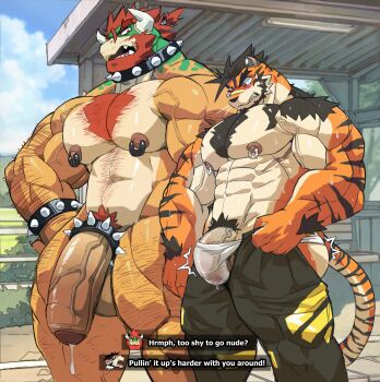 2boys absurdres alternate_facial_hair animal_ears arm_hair ashael_toramono_(ashendawger) ashendawger ass_lift bandaid bandaid_on_face bandaid_on_nose bara beard black_hair blush bowser bracelet bulge bulge_lift chest_hair chest_tuft completely_nude couple covered_penis dressing english_text facial_hair feet_out_of_frame forked_eyebrows frown furry furry_male furry_with_furry hairy highres huge_eyebrows huge_pectorals huge_penis i've_never_seen_a_guy_recreate_this_successfully_tbh_(meme) jewelry large_bulge looking_at_bulge loose_hair_strand male_focus male_pubic_hair male_underwear mario_(series) mature_male meme mohawk multiple_boys muscular muscular_male mustache_stubble navel_hair nintendo nipple_piercing nipple_rings nipples nude open_pants orange_fur original pants pants_lift penis piercing precum pubic_hair red_hair side-by-side sparse_leg_hair spiked_bracelet spiked_cock_ring spikes strongman_waist stubble subtitled sweat thick_arm_hair thick_beard thick_chest_hair thick_navel_hair tiger_boy tiger_ears topless_male twitching_penis two-tone_beard underwear very_hairy very_sweaty wet wet_clothes wet_male_underwear white_fur white_male_underwear yaoi