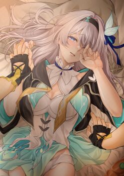 1girl absurdres black_hairband blush bottle cleavage_cutout clothing_cutout cropped_jacket fingerless_gloves firefly_(honkai:_star_rail) gloves green_pupils grey_hair hair_between_eyes hair_intakes hairband highres honkai:_star_rail honkai_(series) long_hair looking_at_viewer miyura1010 neckerchief open_mouth orange_neckerchief panties parted_lips pov purple_eyes soda_bottle solo_focus trailblazer_(honkai:_star_rail) underwear white_panties