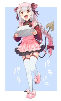 1girl above-cleavage_cutout animal_slippers bare_shoulders bell black_dress black_garter_straps black_skirt blue_background blush bow braid china_dress chinese_clothes clothing_cutout commentary_request cone_hair_bun demon_girl demon_horns demon_tail detached_collar detached_sleeves double_bun dress full_body garter_straps gradient_hair grey_hair hair_bow hair_bun haniwa_(leaf_garden) headgear headscarf highres holding holding_tray horns long_hair low-braided_long_hair low-tied_long_hair mandarin_collar multicolored_hair nanashi_inc. neck_bell official_alternate_costume open_mouth orange_eyes pink_hair pink_headscarf pink_slippers pink_streaks pointy_ears red_bow red_horns red_sleeves short_dress side_up_bun skirt skirt_under_dress slippers solo streaked_hair suou_patra suou_patra_(2nd_costume) tail thighhighs tray virtual_youtuber white_thighhighs zettai_ryouiki