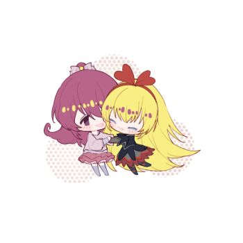 2girls ^_^ absurdly_long_hair aida_mana black_dress black_pantyhose blonde_hair bow bow_hairband bow_legwear chibi chinese_commentary closed_eyes commentary_request dokidoki!_precure dress frilled_dress frills grey_dress grey_shirt grey_thighhighs hair_between_eyes hair_bow hair_bun hair_ornament hairband halftone happy hug layered_dress layered_shirt layered_sleeves leg_up long_hair long_sleeves looking_at_another medium_dress miniskirt multiple_girls no_shoes pantyhose petticoat pink_bow pink_eyes pink_hair pink_shirt pink_skirt pleated_skirt precure quqi_xiao_shuang red_bow red_hairband regina_(dokidoki!_precure) shirt short_over_long_sleeves short_sleeves single_hair_bun skirt standing striped_sleeves tareme thighhighs very_long_hair white_background yuri zettai_ryouiki