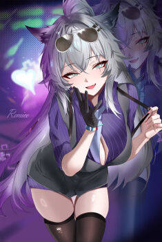 1girl absurdres alternate_costume animal_ears arknights arm_up artist_name black_gloves breasts brown_thighhighs chinese_commentary cleavage collared_shirt commentary_request cowboy_shot eyewear_on_head fang fingernails gloves grey_eyes grey_vest hair_between_eyes half-closed_eyes highres lappland_(arknights) large_breasts leaning_forward long_hair looking_at_viewer nail_polish necktie open_mouth pink_nails purple_shirt remico scar scar_across_eye scar_on_face shirt short_sleeves single_glove skindentation solo striped_clothes striped_shirt thighhighs thighs torn_clothes torn_thighhighs vertical-striped_clothes vertical-striped_shirt vest white_necktie wolf_ears wolf_girl zoom_layer