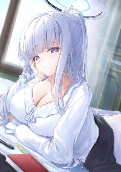 1girl blue_archive breasts commentary_request frilled_pajamas frills halo highres long_hair mechanical_halo nightgown noa_(blue_archive) noa_(pajamas)_(blue_archive) official_alternate_costume pajamas purple_eyes sleepwear solo white_hair white_halo white_nightgown white_pajamas xfate