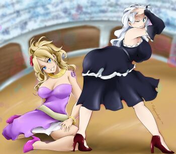2girls absurdres arena arm_tattoo black_dress blonde_hair blurry blurry_background blush breasts cleavage dress fairy_tail flatpancakesjim flower flower_on_head hand_on_own_thigh hand_through_hair head_tilt high_heels highres jenny_realight jewelry large_breasts leaning_forward legs_apart long_dress long_hair looking_at_viewer mirajane_strauss model modeling multiple_girls ponytail purple_dress seductive_gaze seductive_smile sitting smile spread_legs tattoo white_hair