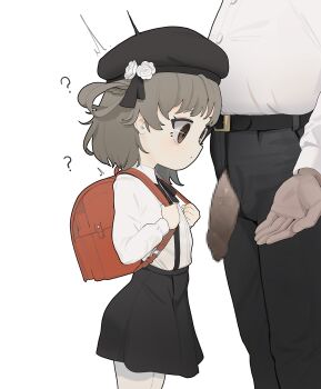 1boy 1girl ? backpack bag belt blue_borscht braid censored collared_shirt developing_erection ears flaccid flat_cap flower from_side hat hat_flower hatoba_tsugu head_out_of_frame highres loli long_hair looking_at_penis looking_down mosaic_censoring open_mouth pants pantyhose penis randoseru ribbon rose shirt short_hair skirt sleeve_cuffs standing strap tagme tsugu_(vtuber) virtual_youtuber white_background white_pantyhose wide-eyed