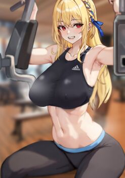 1girl :d absurdres adidas armpits arms_up bare_arms bare_shoulders black_pants black_sports_bra blonde_hair blurry blurry_background braid breasts covered_erect_nipples crop_top depth_of_field exercise_machine exercising gym hair_ribbon highres indoors large_breasts long_hair looking_at_viewer midriff navel open_mouth original pants red_eyes rehu_(astd5787) ribbon sidelocks sitting sleeveless smile solo sports_bra stomach sweat track_pants