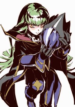 1girl absurdres black_gloves c.c. cape code_geass cosplay gloves green_hair helmet highres kobayashiyouyouko long_hair looking_at_viewer simple_background white_background yellow_eyes zero_(code_geass) zero_(code_geass)_(cosplay)