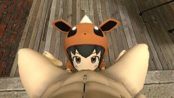 1boy 1girl 3d age_difference animal_ears animated black_hair bloodydrawings blush brown_eyes brown_onesie dot_nose eevee eevee_(cosplay) fellatio from_above full_body gen_1_pokemon half-closed_eyes hetero hood hood_up hooded_pajamas indoors kneeling loli long_sleeves looking_at_viewer looking_up naughty_face nintendo onesie oral pajamas penis poke_kid_(pokemon) pokemon pokemon_swsh pov pov_crotch short_hair size_difference solo_focus tagme uncensored video wooden_floor