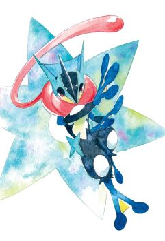 1other frog full_body furry gen_6_pokemon greninja highres long_tongue mega_greninja mega_pokemon mint_nappa ninja nintendo pink_eyes pokemon pokemon_(creature) pokemon_focus red_eyes scarf shuriken simple_background solo tongue tongue_scarf very_long_tongue water weapon webbed_feet white_background