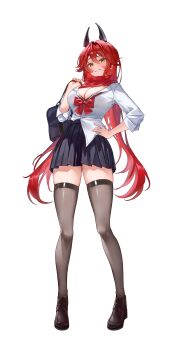 1girl absurdres alternate_costume bag black_shoes black_skirt bow bowtie breasts cela_(akeeeeee675) cleavage full_body goddess_of_victory:_nikke grey_thighhighs hair_between_eyes hand_on_own_hip hashtag-only_commentary highres holding holding_bag horns large_breasts loafers long_hair long_sleeves looking_at_viewer necktie parted_lips red_bow red_bowtie red_hair red_hood_(nikke) red_scarf scarf school_bag school_uniform shirt shoes simple_background skirt smile solo standing thighhighs very_long_hair white_background white_shirt yellow_eyes zettai_ryouiki
